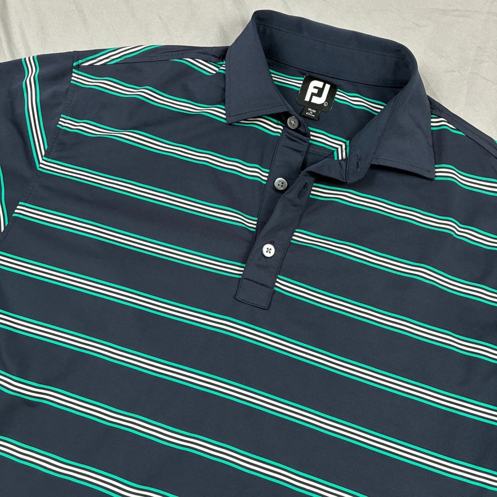 FootJoy Polo Shirt Mens L Navy Blue Striped The Broadmoor Golf Club Stretch